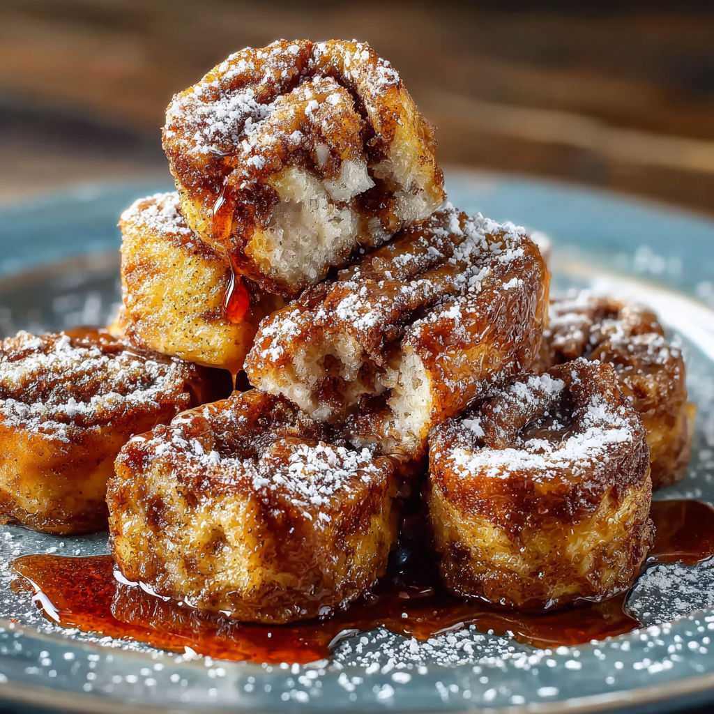 A plate of cinnamon roll french toast bites.