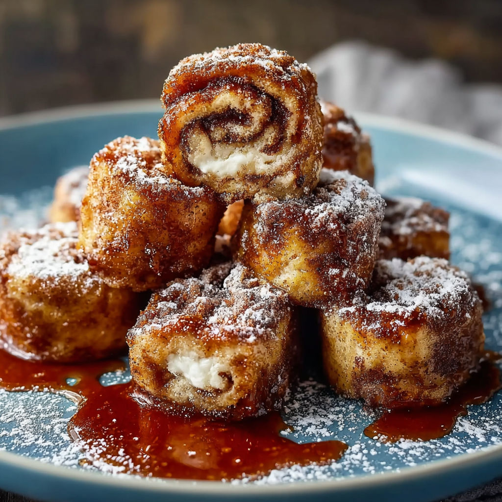 A plate of cinnamon roll french toast bites.