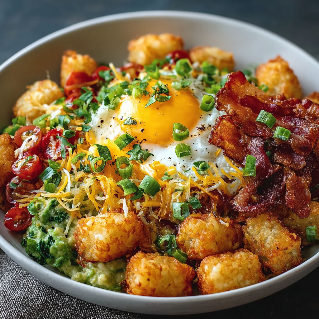 A bowl of food with a fried egg on top.