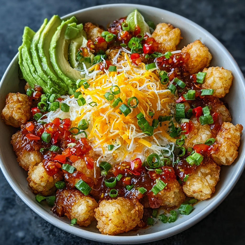 A bowl of food with cheese, avocado, and peppers.