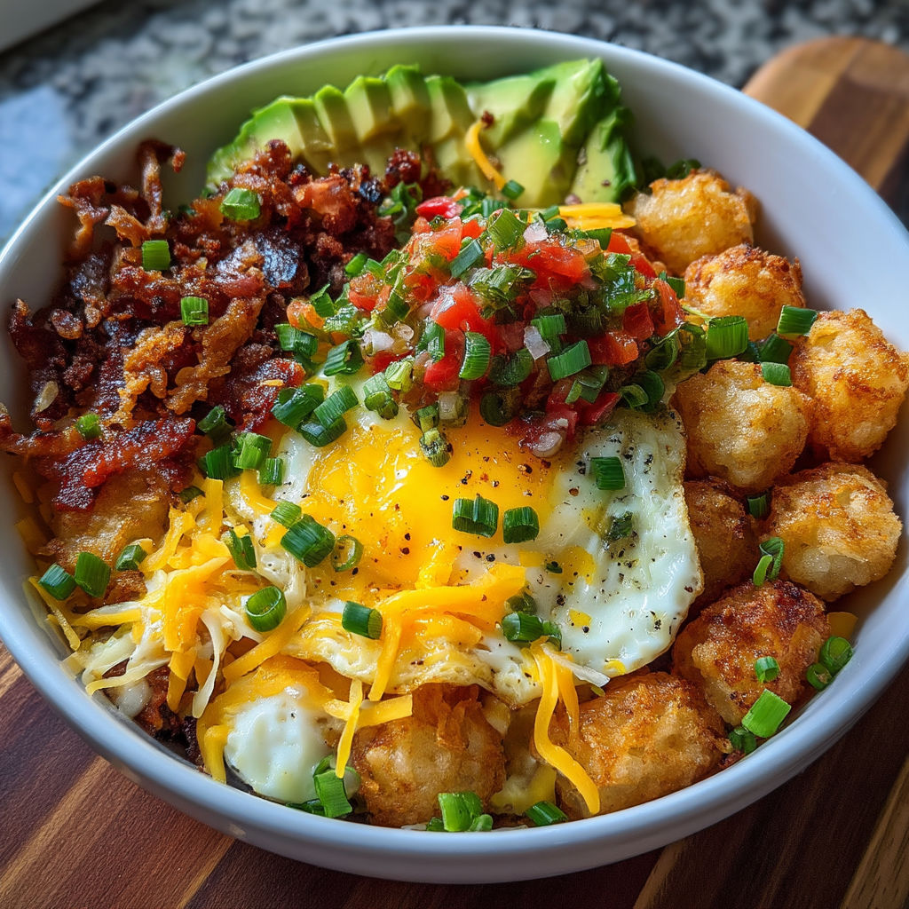 A bowl of food with a fried egg, bacon, and tater tots.