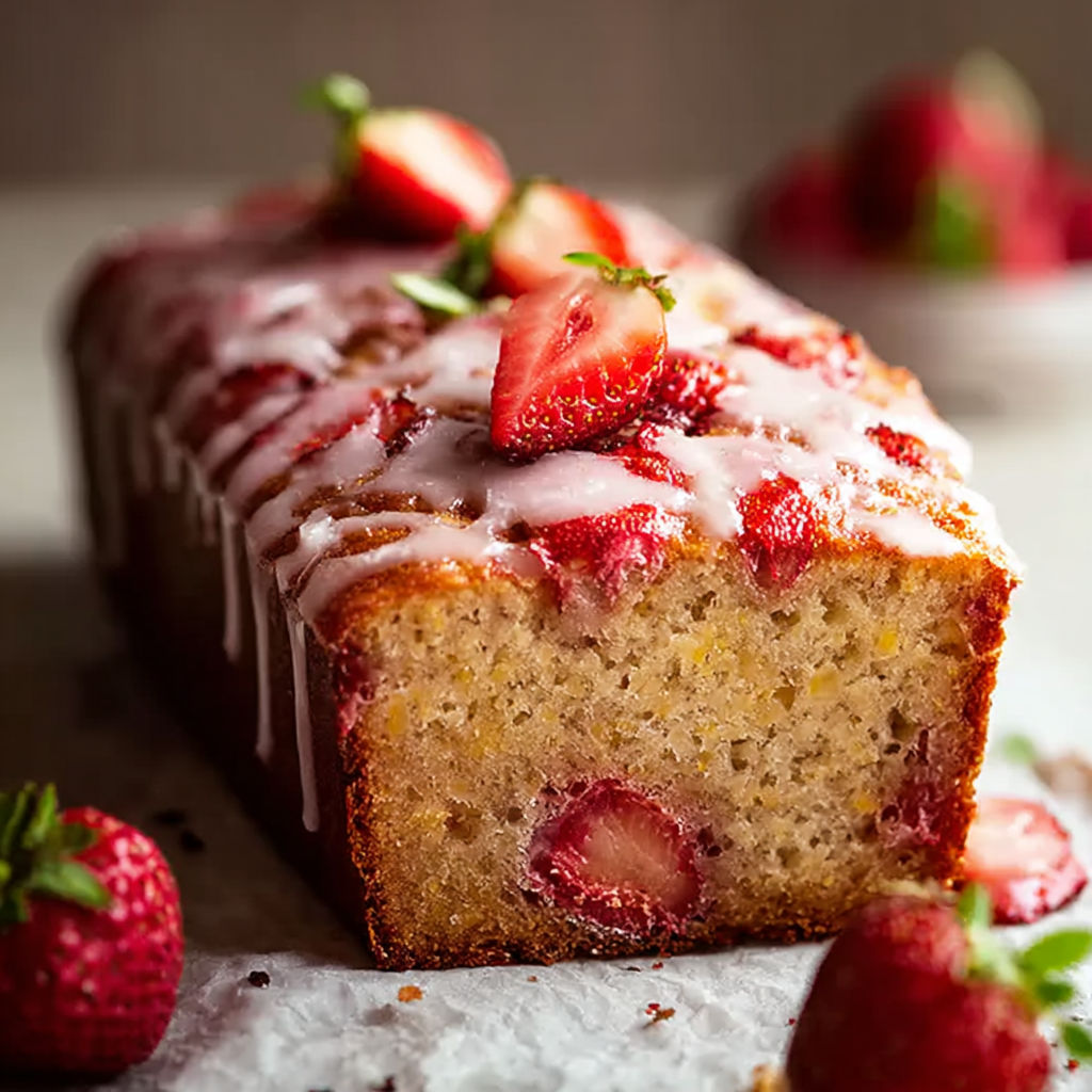 A slice of moist strawberry bread.