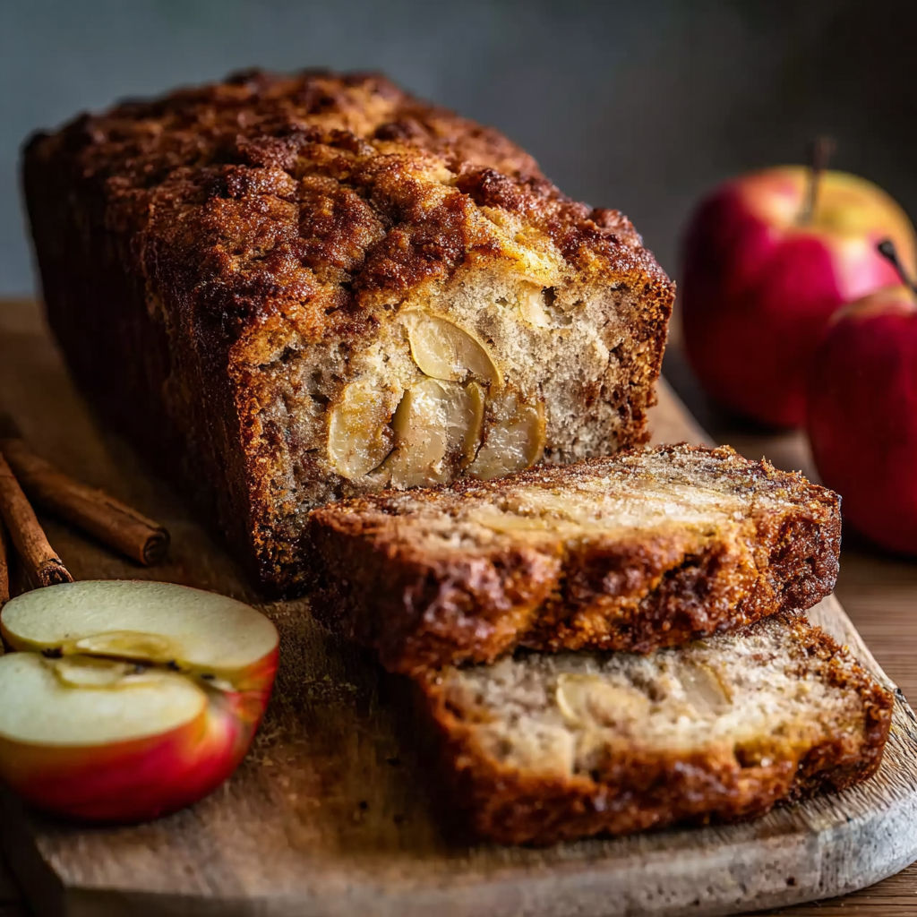 A loaf of warm cinnamon-spiced apple bread.