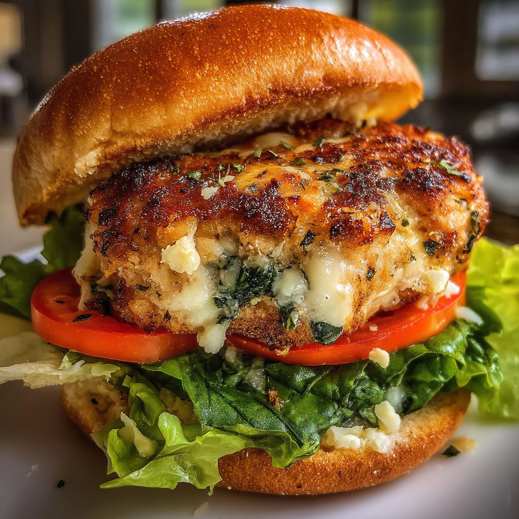 A white cheddar and spinach chicken burger.