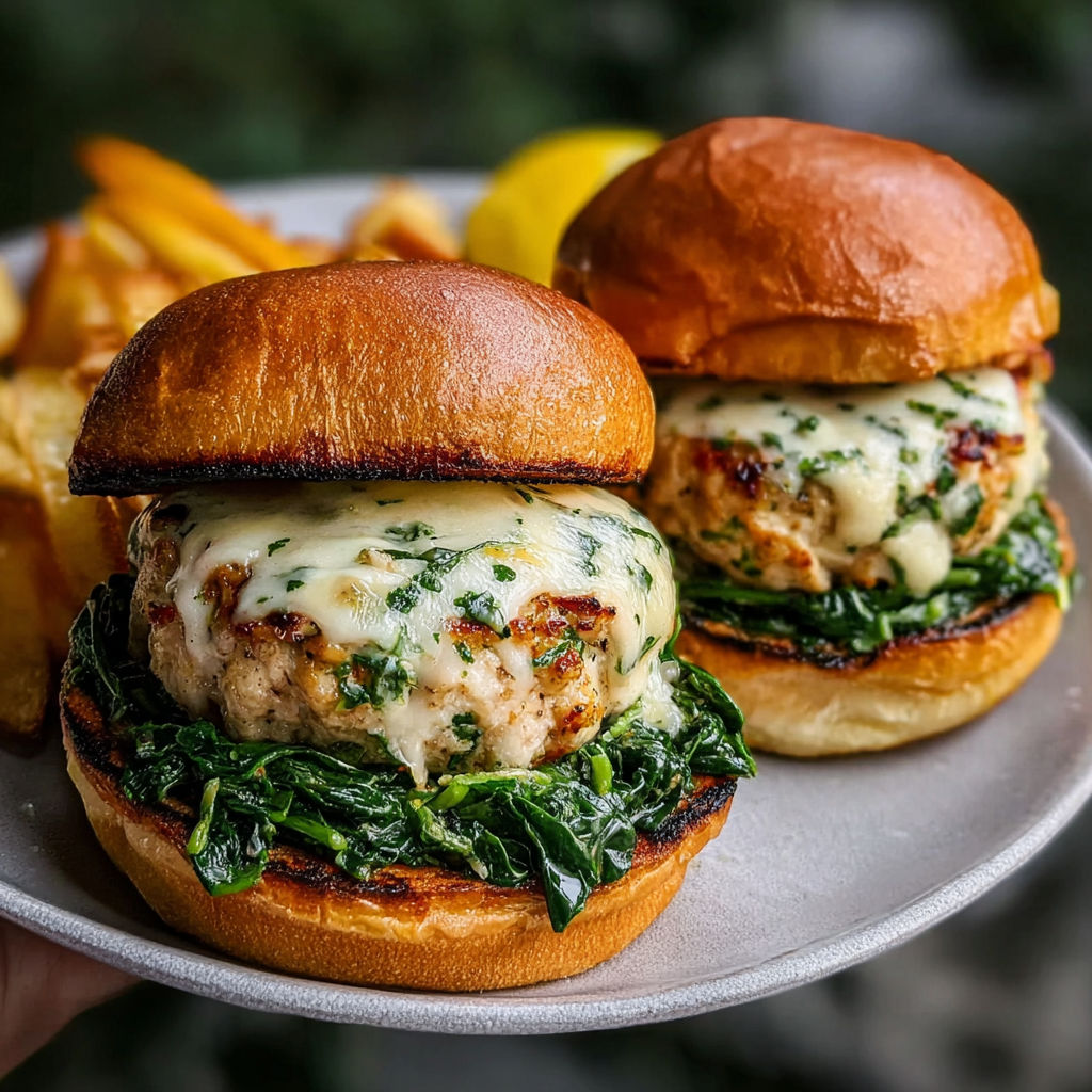 Two white cheddar and spinach chicken burgers on a plate.