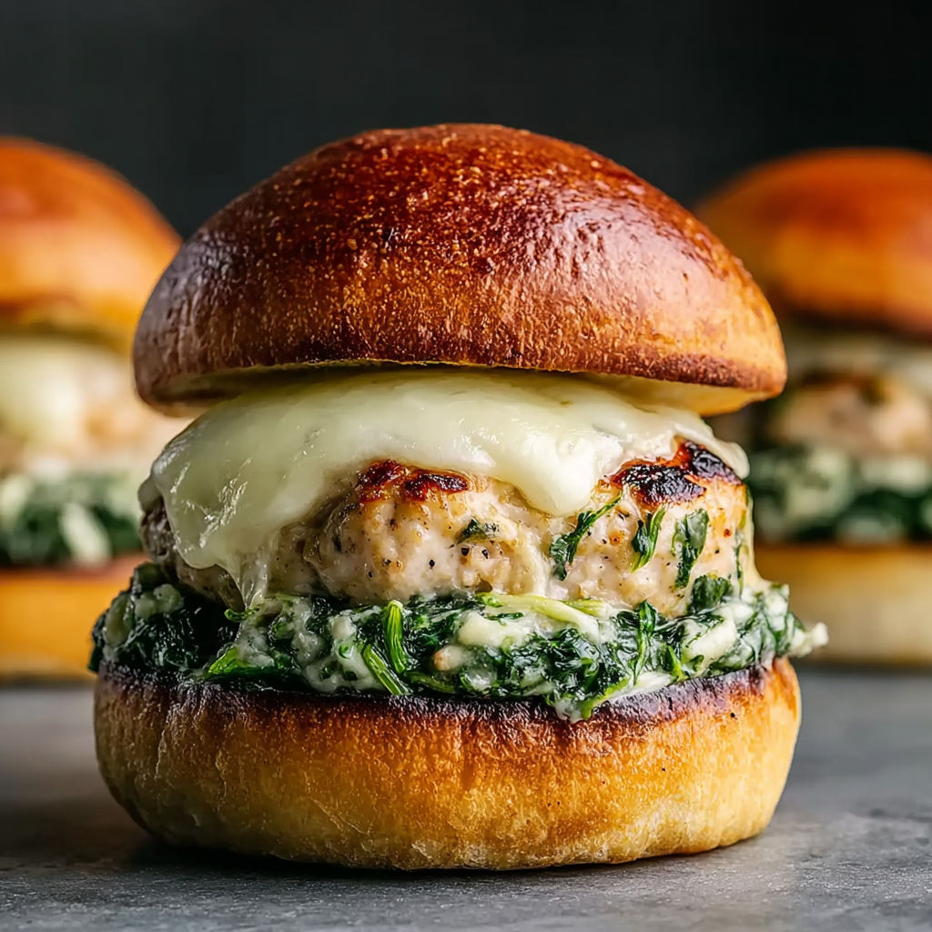 A close up of a white cheddar and spinach chicken burger.