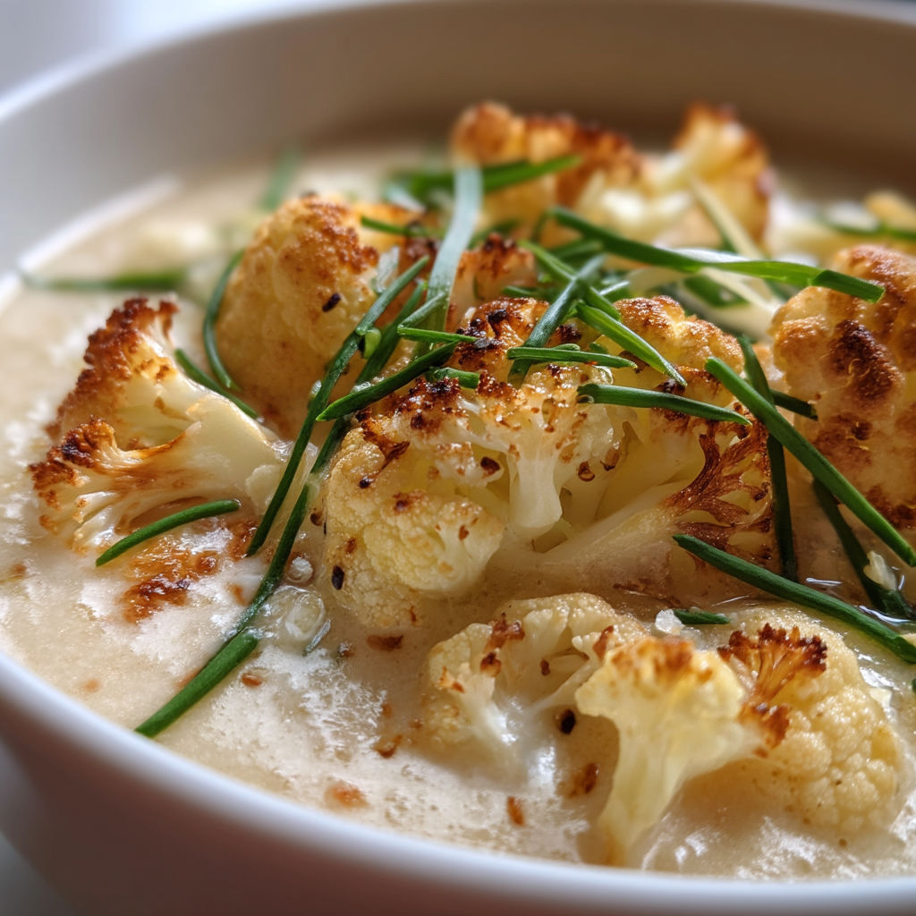 A bowl of creamy cauliflower soup.