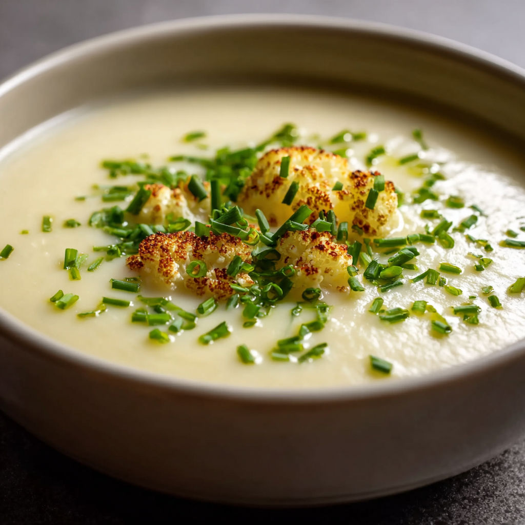 A bowl of creamy cauliflower soup with green herbs on top.