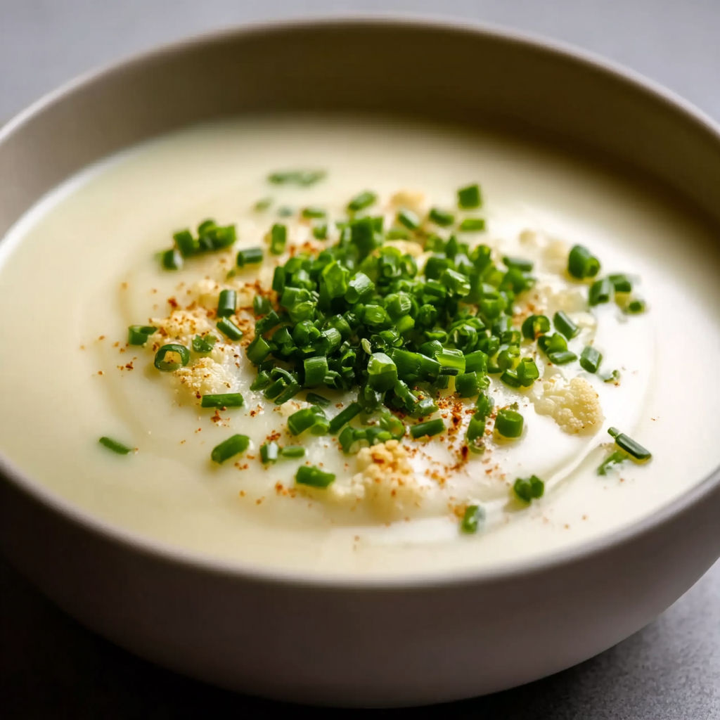 A bowl of creamy cauliflower soup with green garnish.