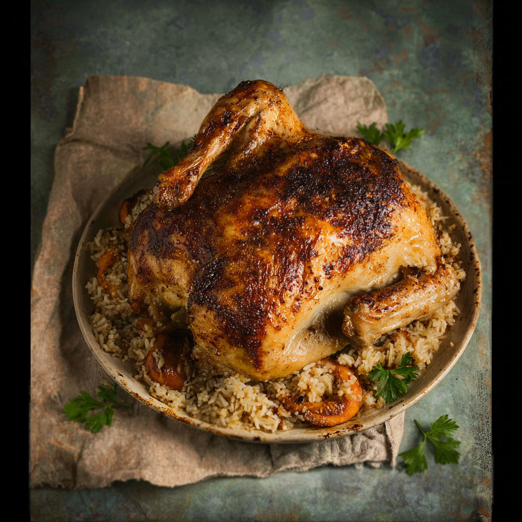 A roasted chicken with rice and vegetables.