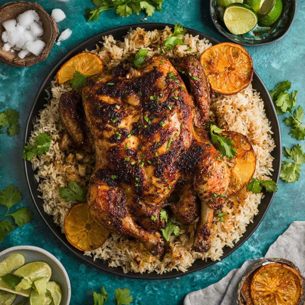 A chicken dish with rice and vegetables.