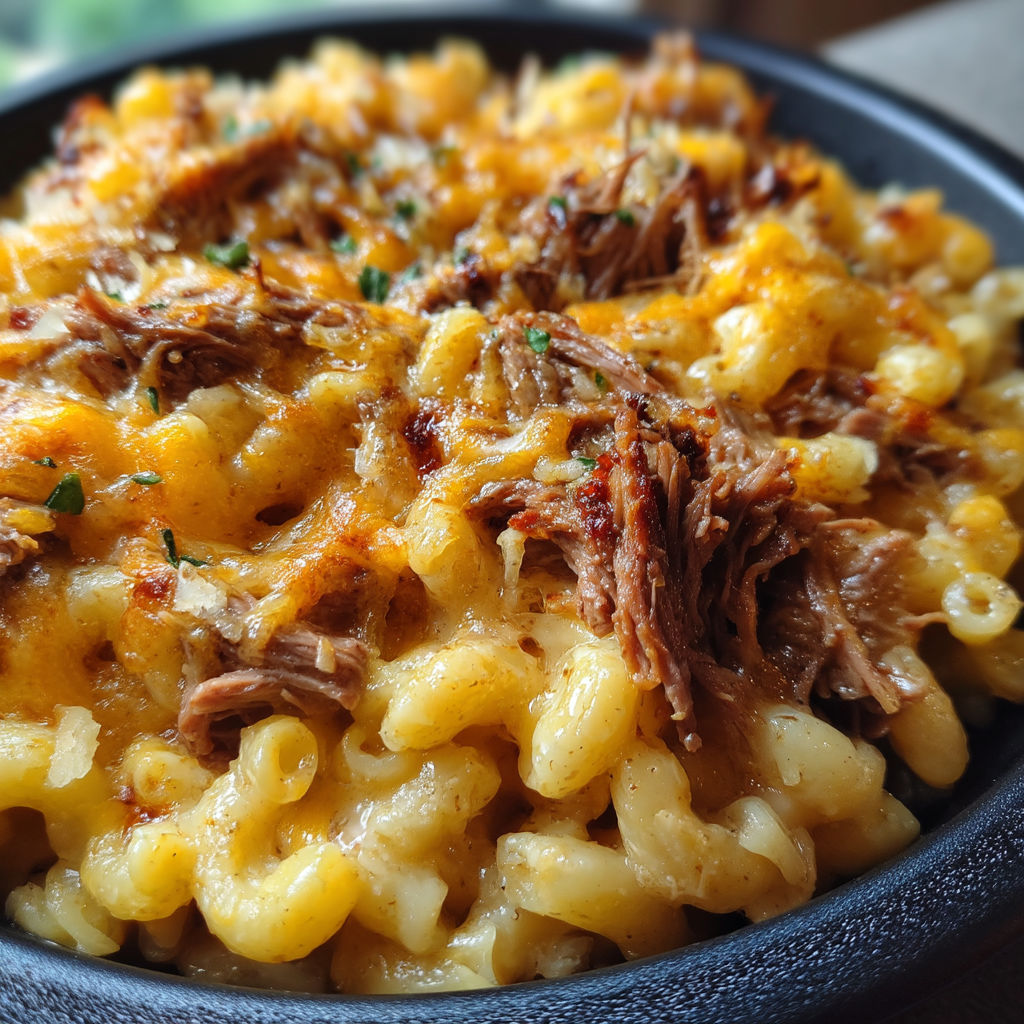 A bowl of mac and cheese with meat.