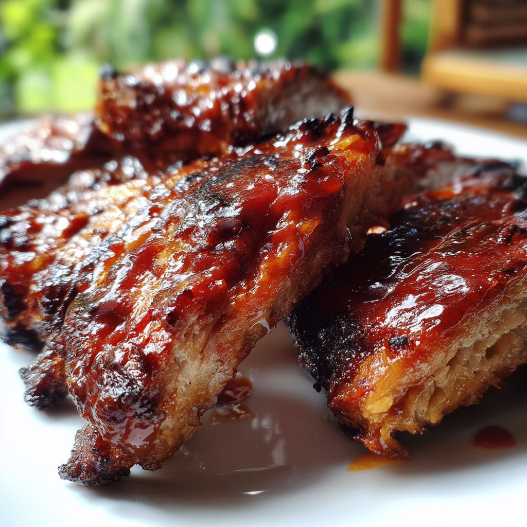 A plate of ribs with sauce on it.