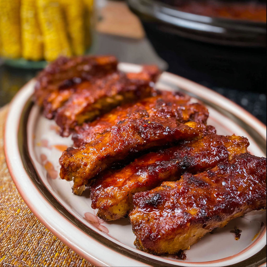A plate of BBQ ribs with a corn on the cob in the background.