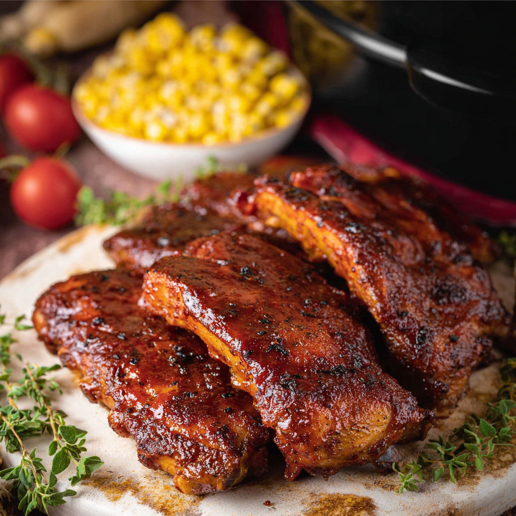 A plate of BBQ ribs with corn on the cob.
