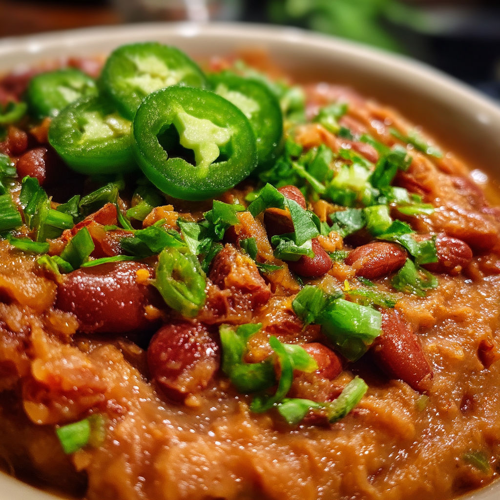 A bowl of refried beans with jalapenos on top.