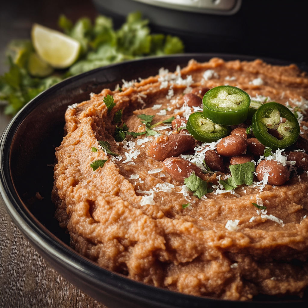 A bowl of refried beans with jalapenos on top.