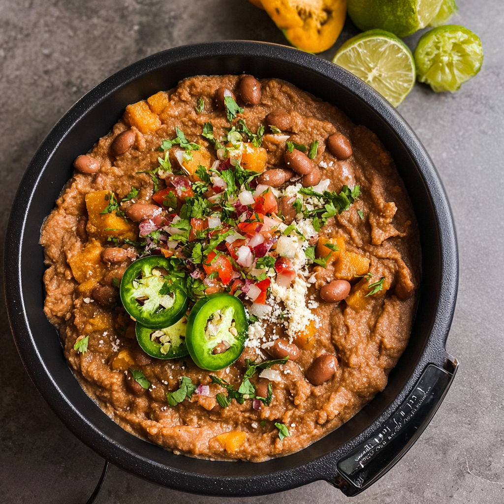 A bowl of refried beans with jalapenos and tomatoes.