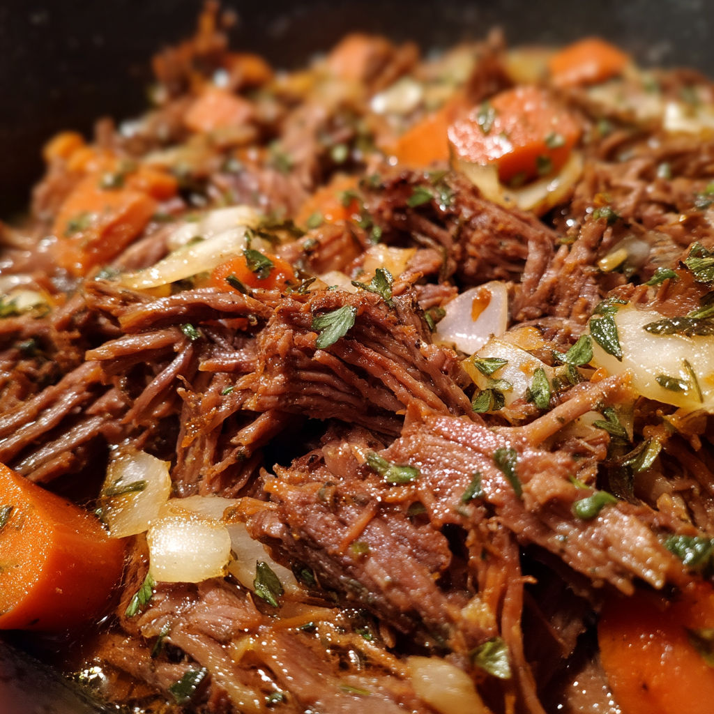 A close up of shredded beef in a pan.