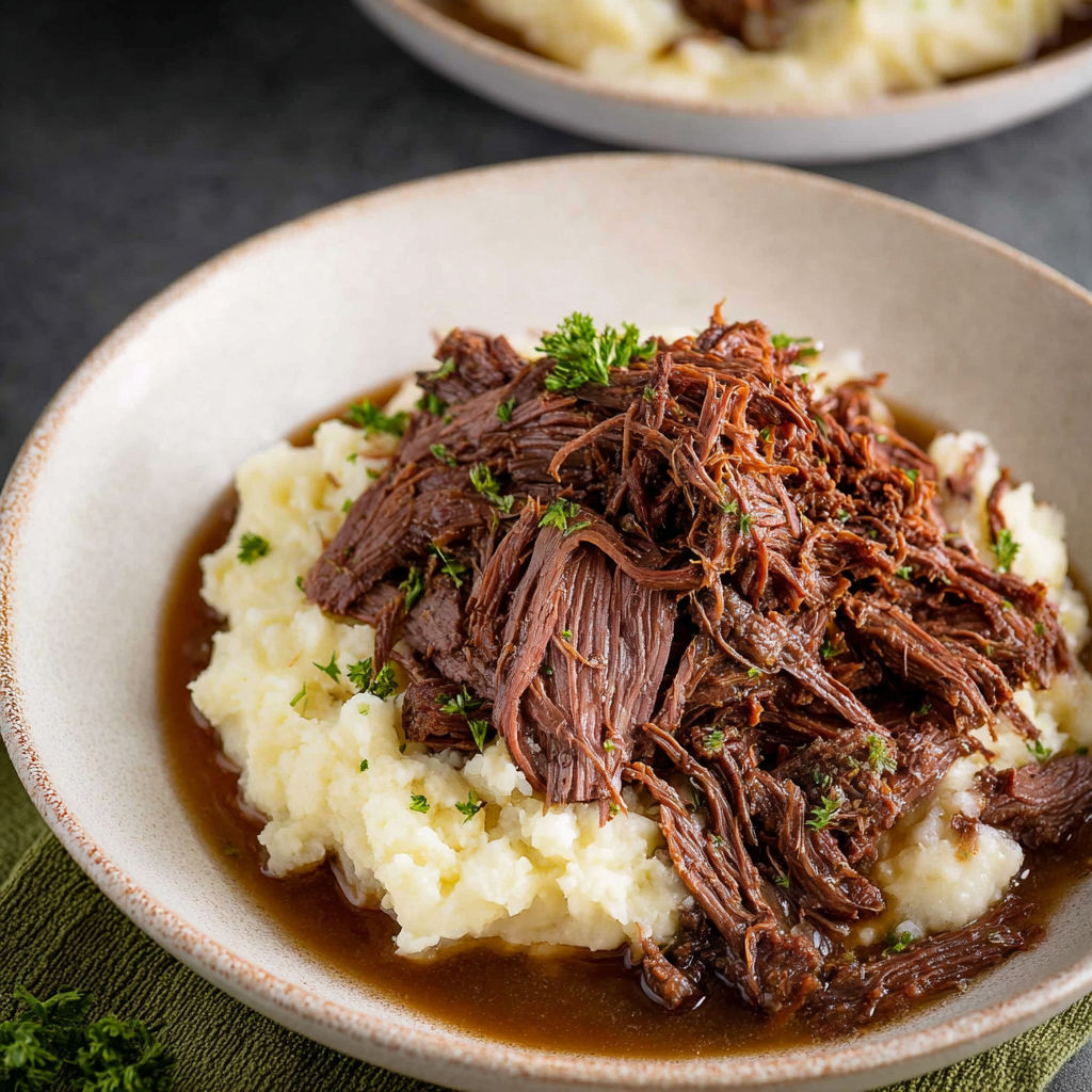 A plate of beef stew with potatoes and green onions.