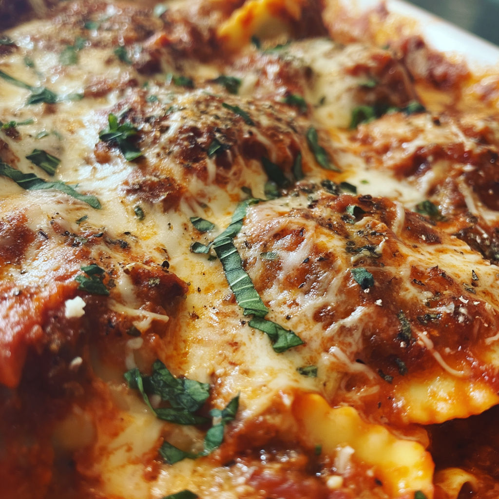 A close up of a delicious lasagna with meat and cheese.