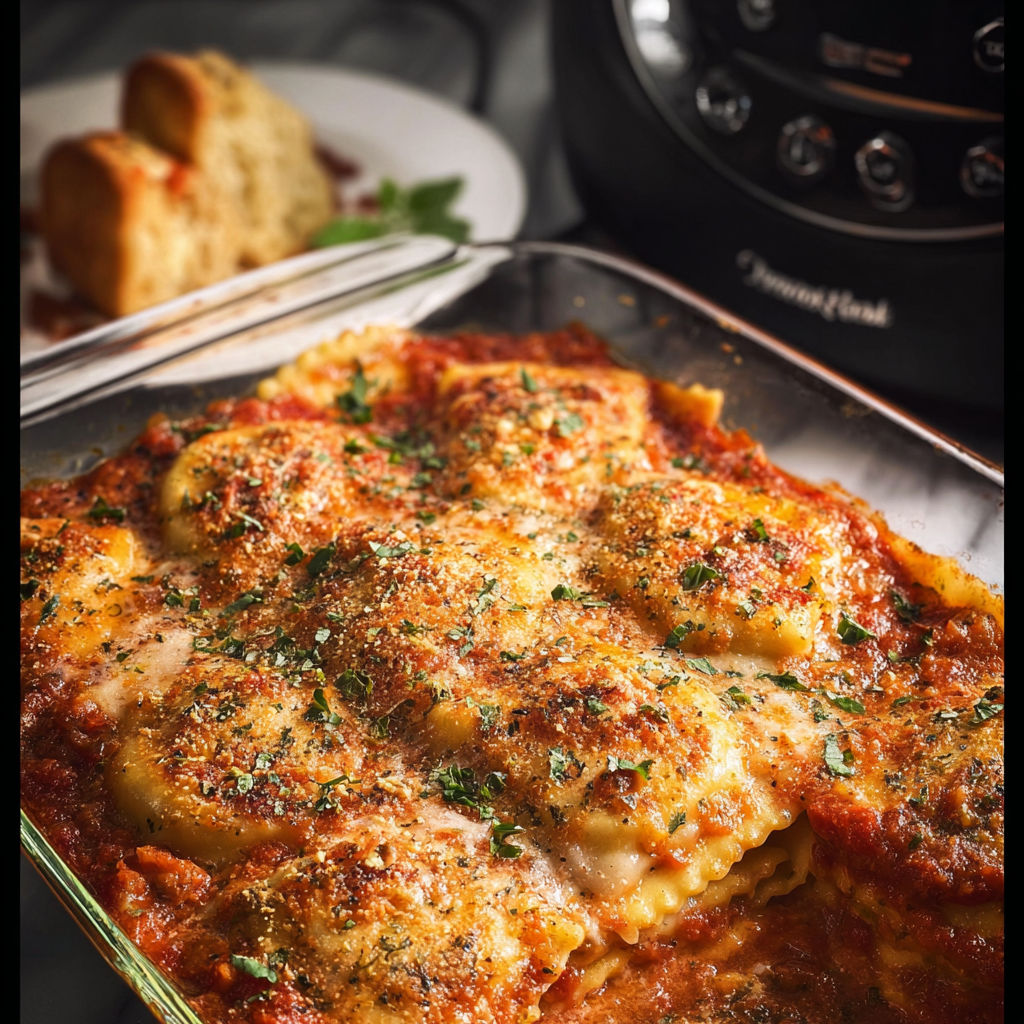 A pan of lasagna with a timer on it.