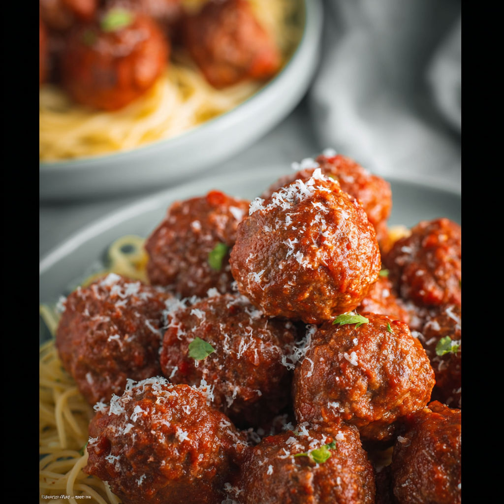 A plate of meatballs with spaghetti.