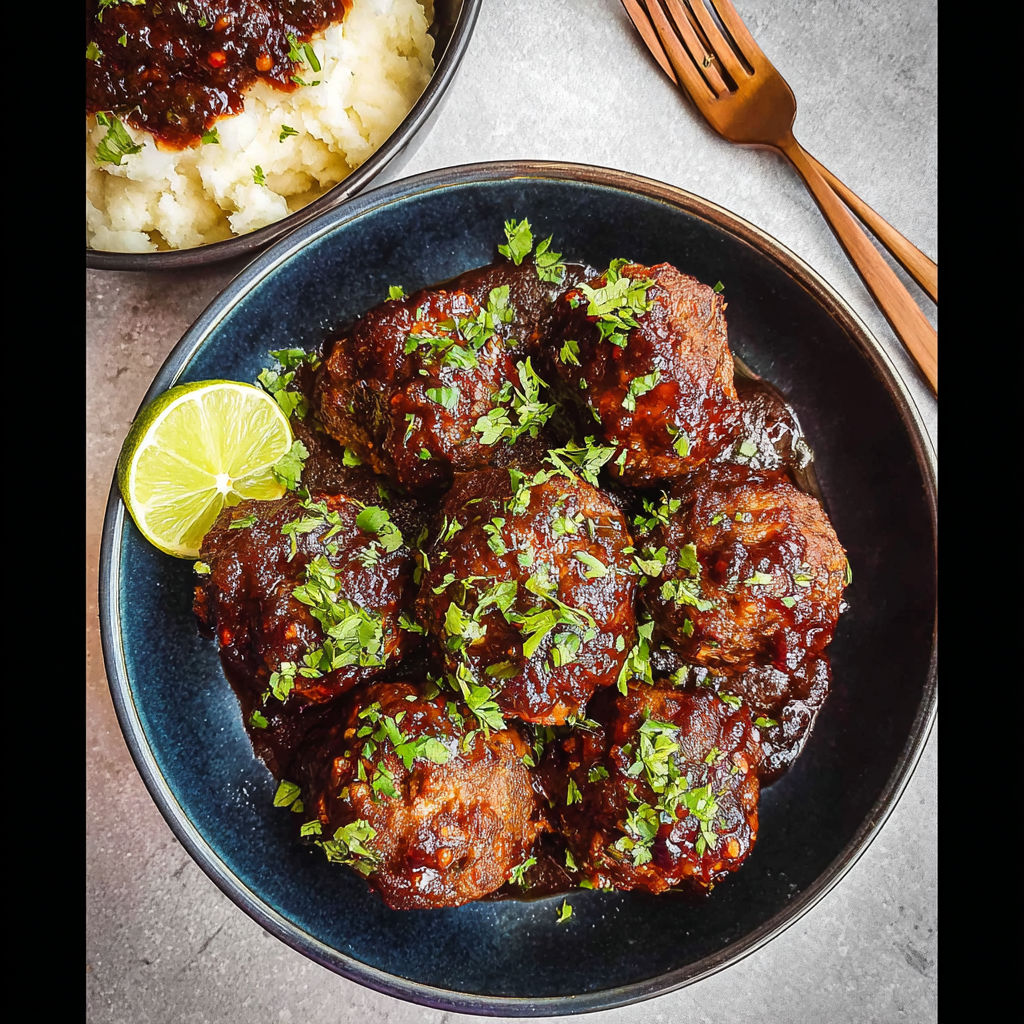 A plate of meatballs with a fork and knife on the side.