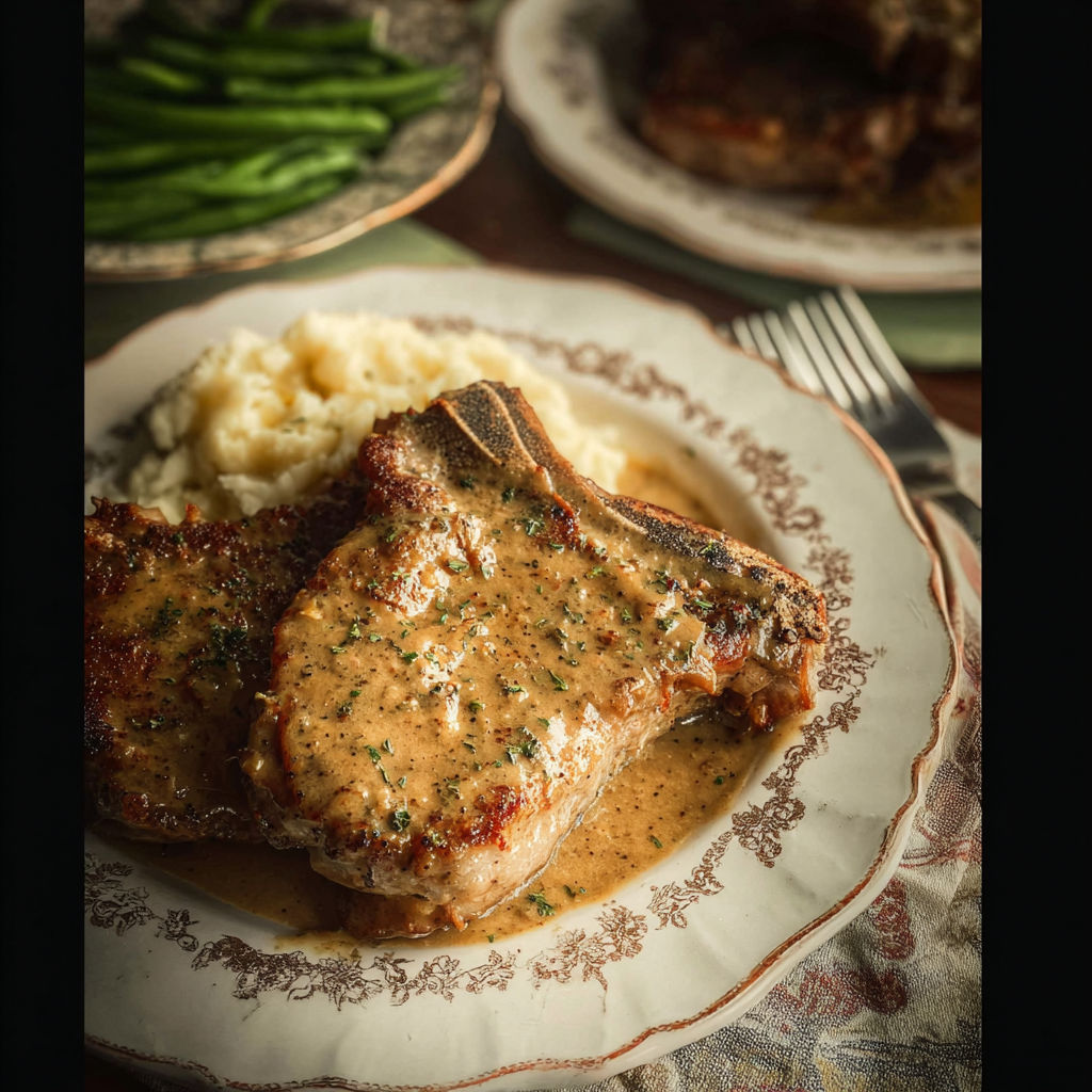 A plate of smothered beef chops with gravy.