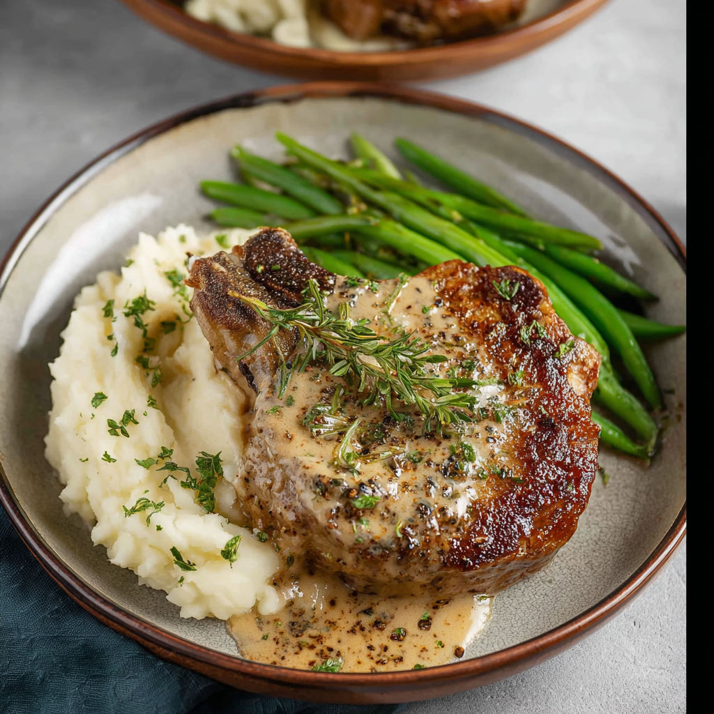 A plate of smothered beef chops with green beans and potatoes.