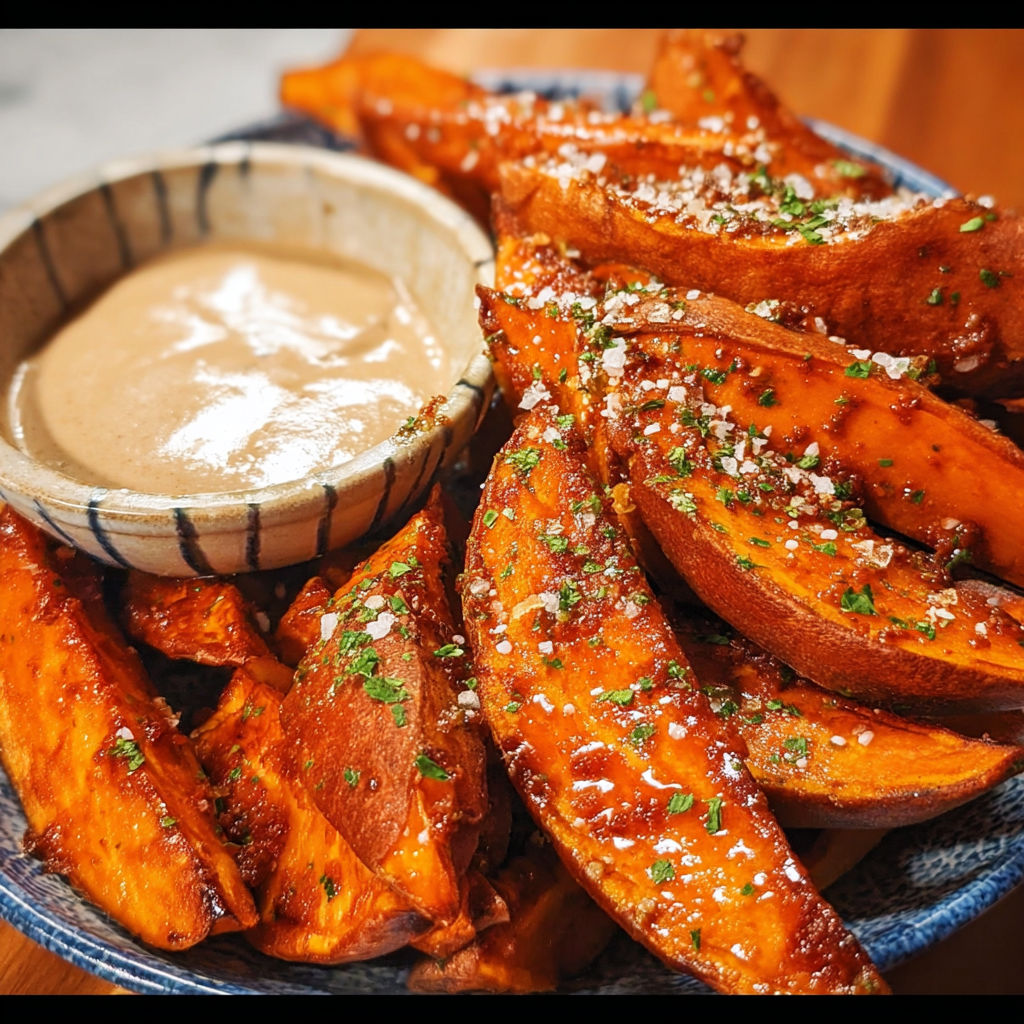 A plate of sweet potato wedges with a dipping sauce.