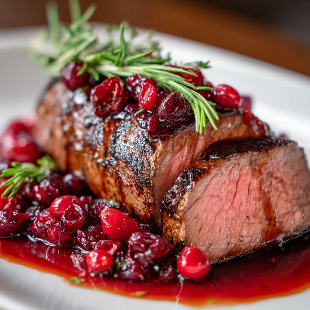 A piece of beef with cranberries on top.