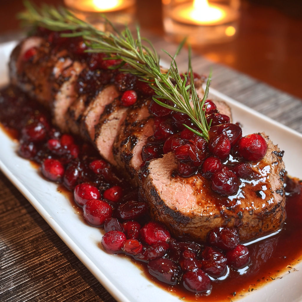 A glazed beef tenderloin with cranberries on top.