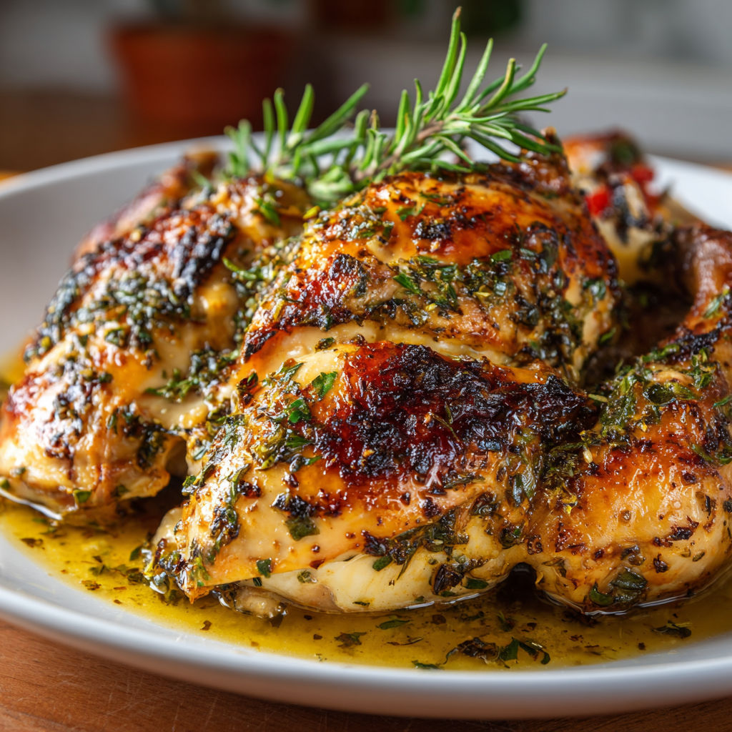 A plate of chicken with herbs on it.