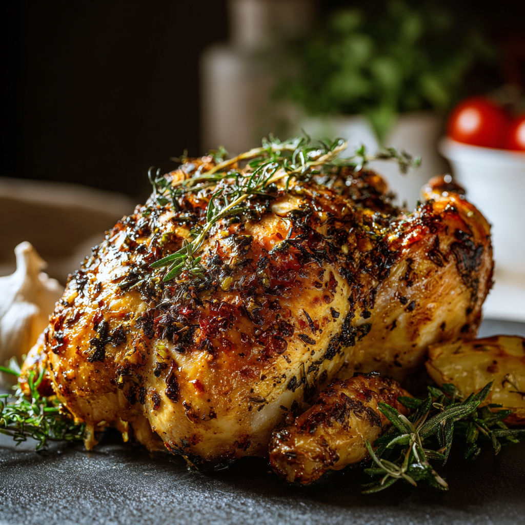 A chicken with herbs on it.