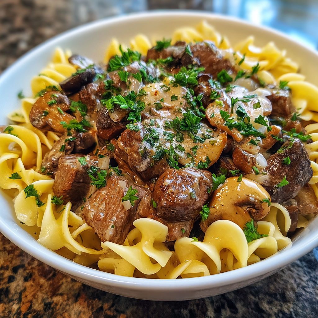 A bowl of beef stroganoff with noodles and mushrooms.