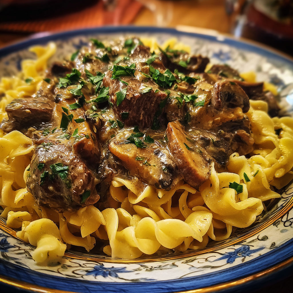 A plate of beef stroganoff with mushrooms and herbs.