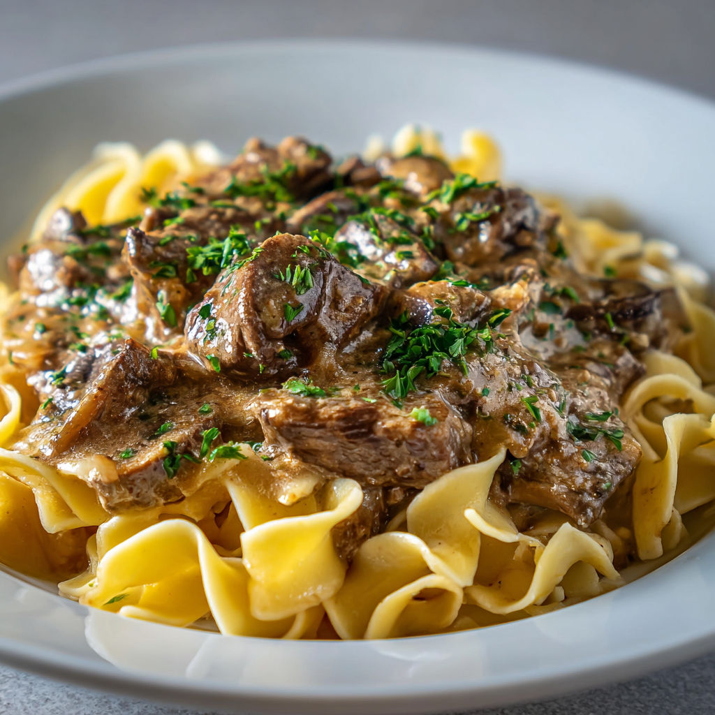 A plate of beef stroganoff with noodles and mushrooms.