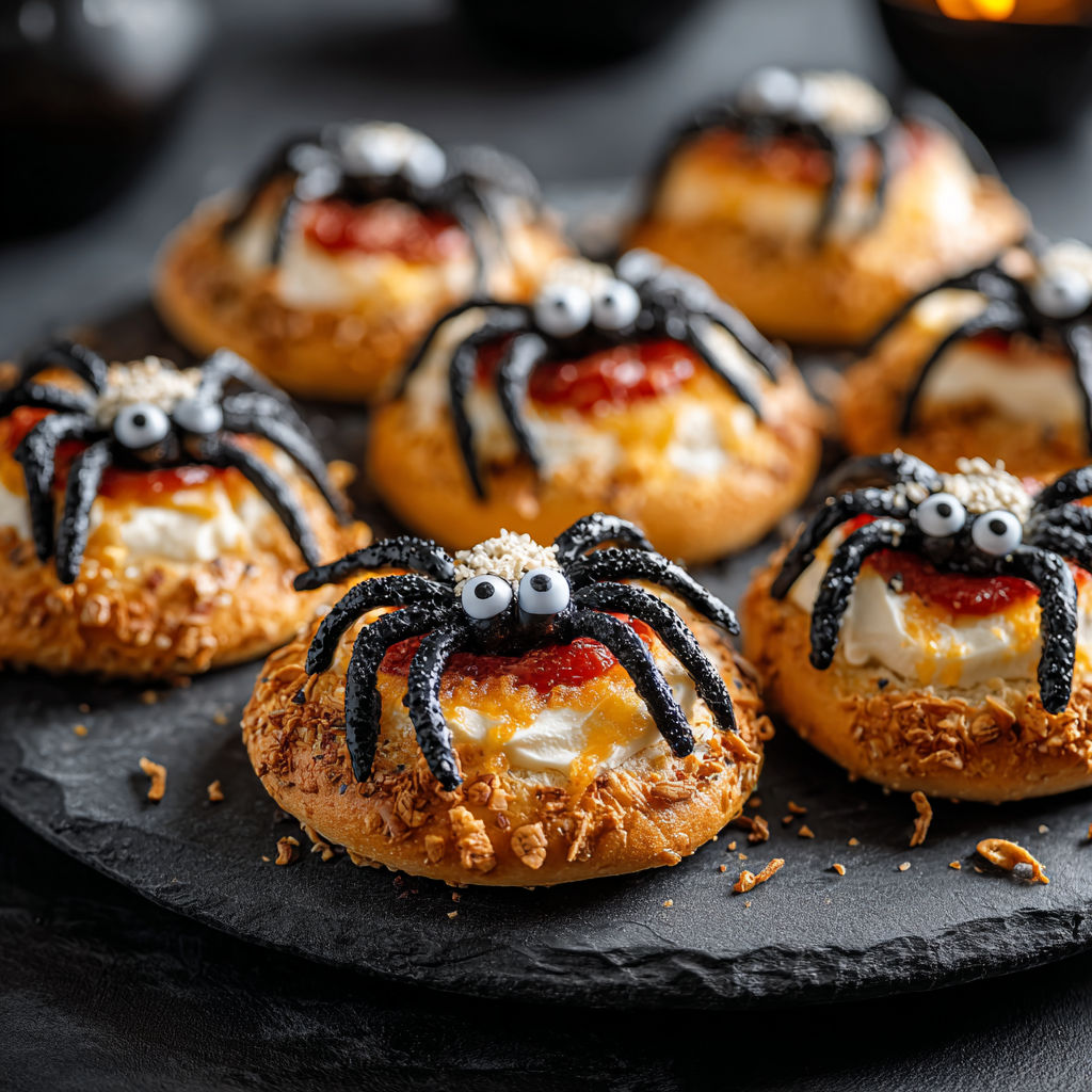 A plate of cookies with spiders on them.