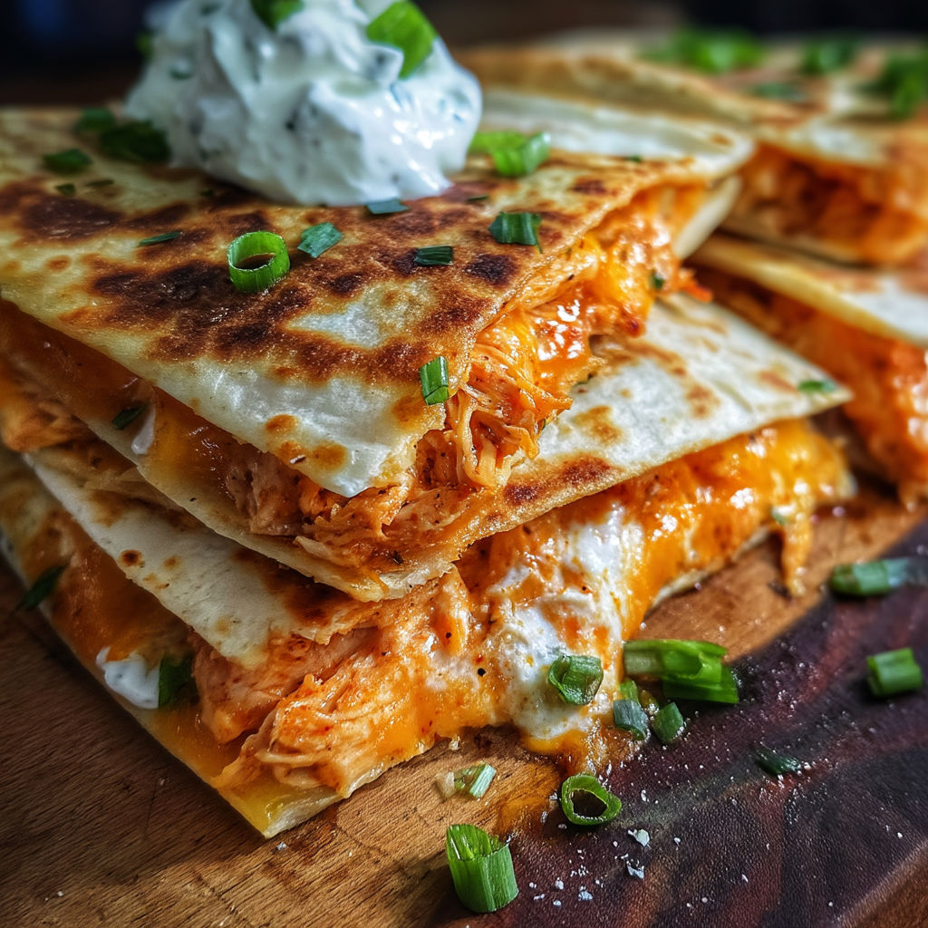 A stack of spicy buffalo chicken quesadillas.