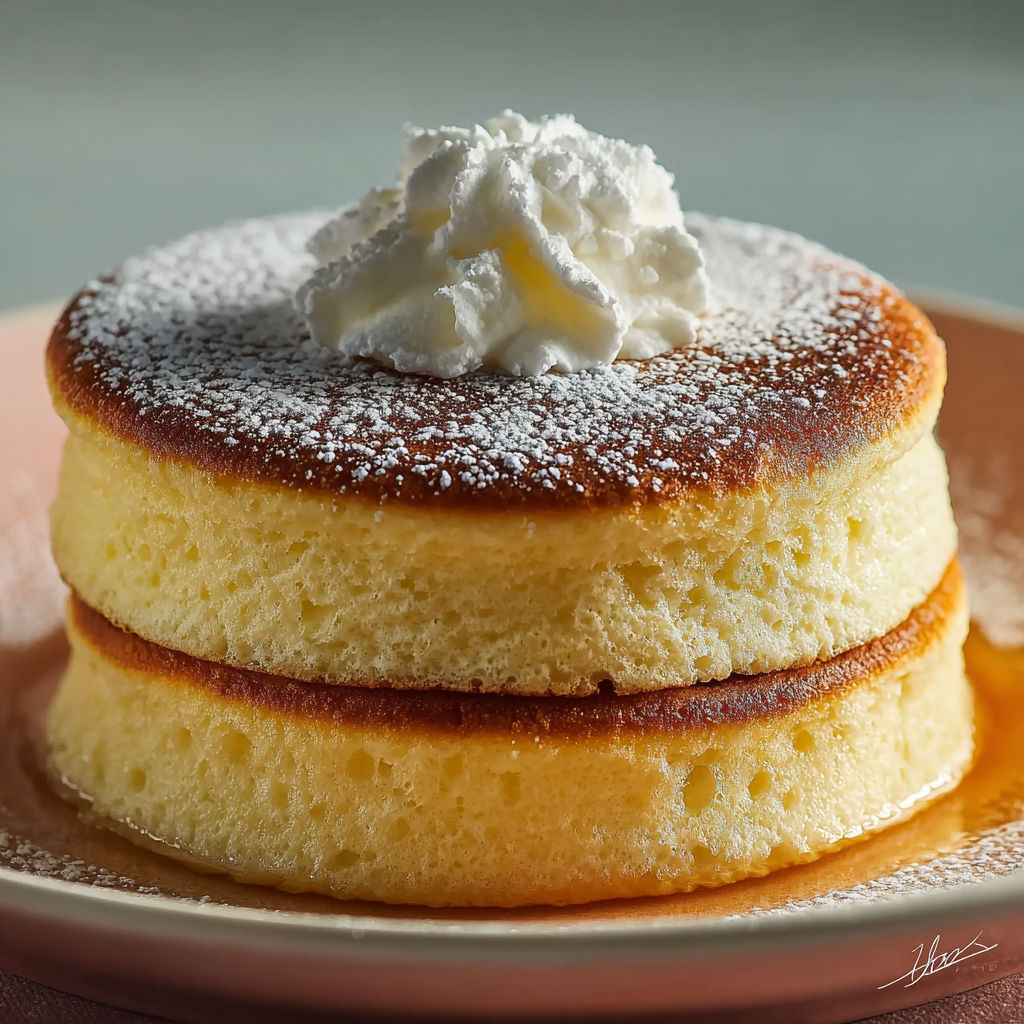 A stack of fluffy Japanese souffle pancakes.
