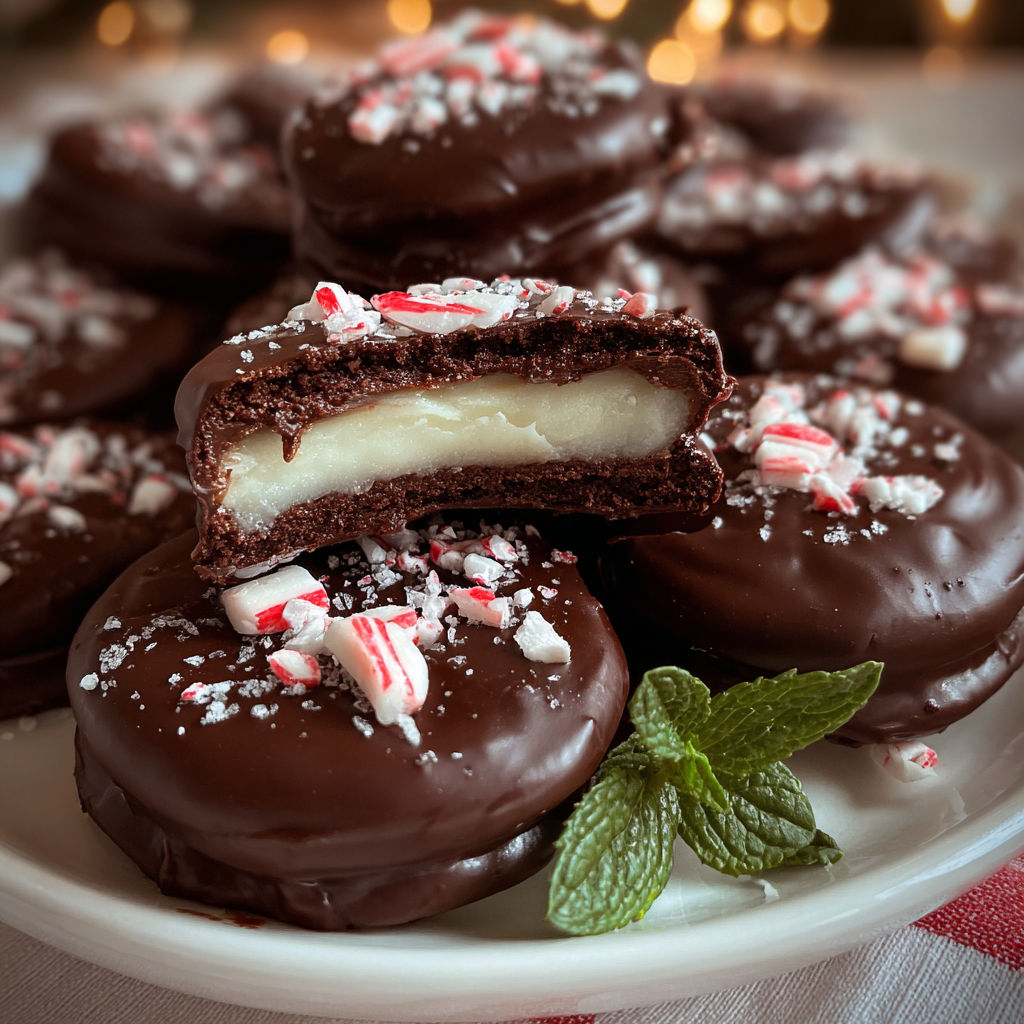 A plate of chocolate covered peppermint patties.