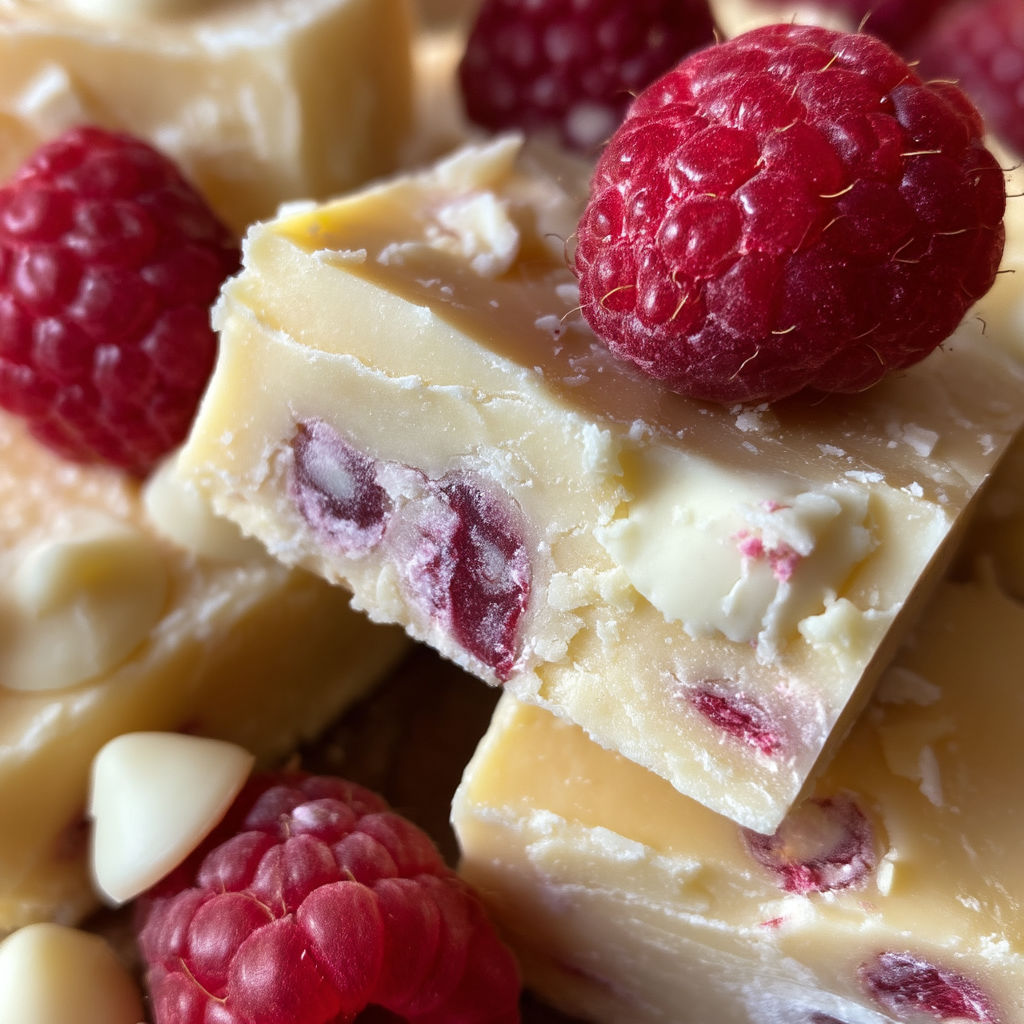 A close up of a piece of white chocolate raspberry fudge.