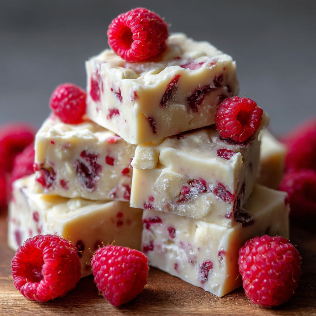 A stack of white and red cake with raspberries on top.