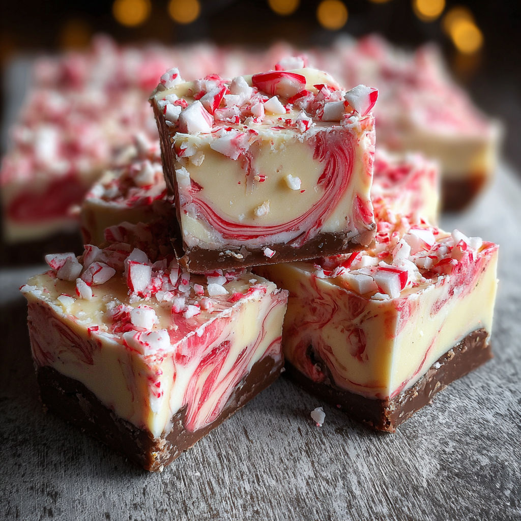 A close up of a peppermint swirl fudge.