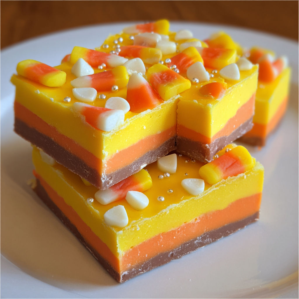 A piece of candy corn fudge.