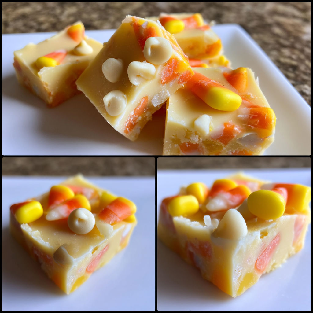 A close up of a candy corn fudge square.