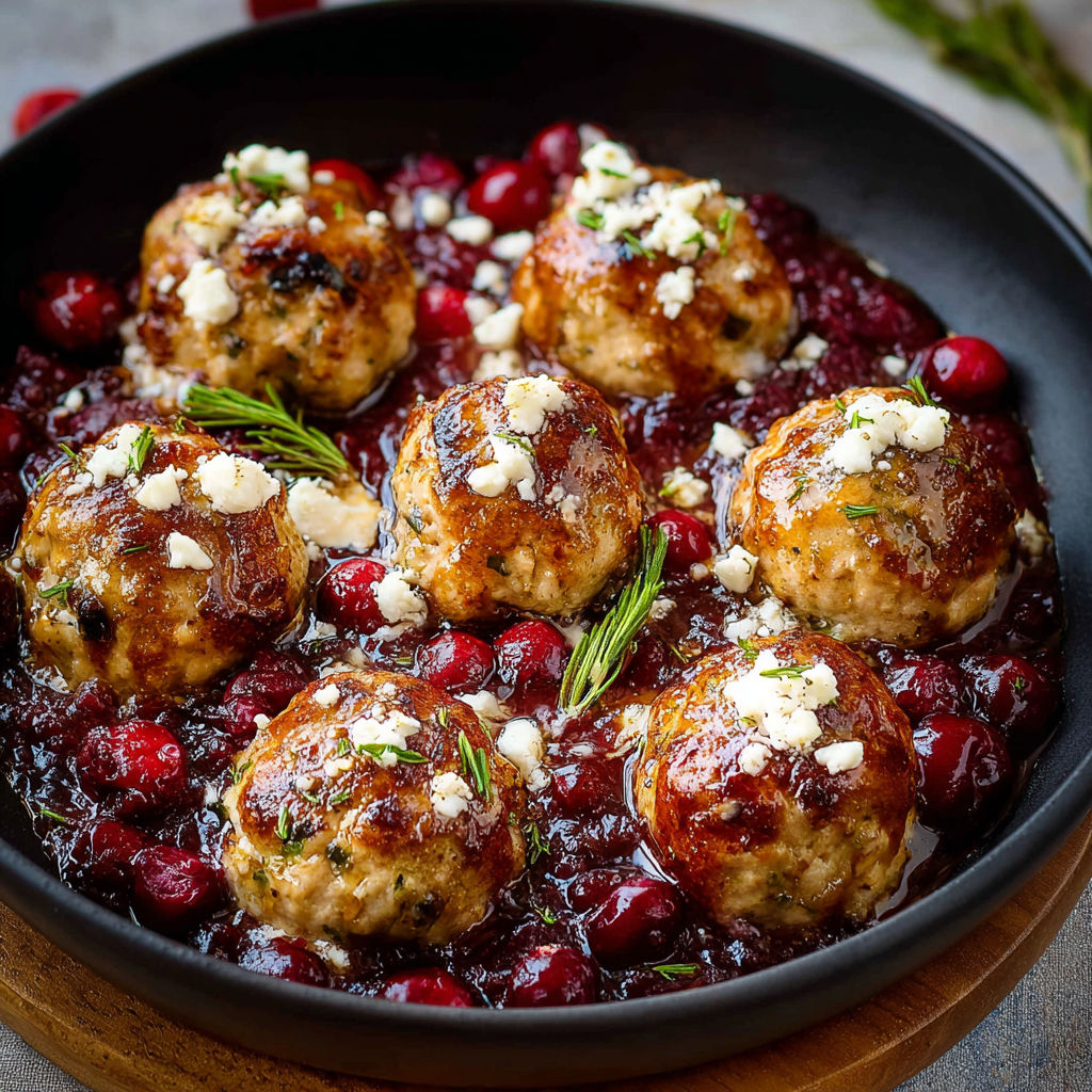 A bowl of meatballs with a sauce made from cranberries and feta cheese.