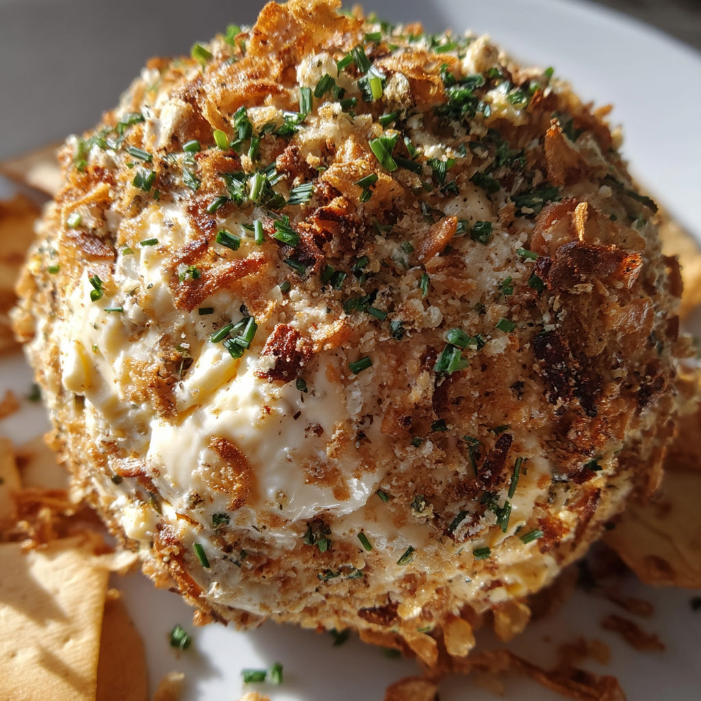 A food item with a white sauce and herbs on top.