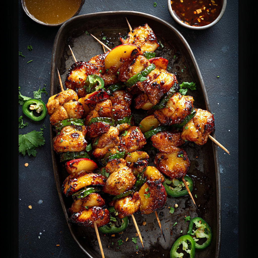A plate of jalapeno peach chicken skewers.